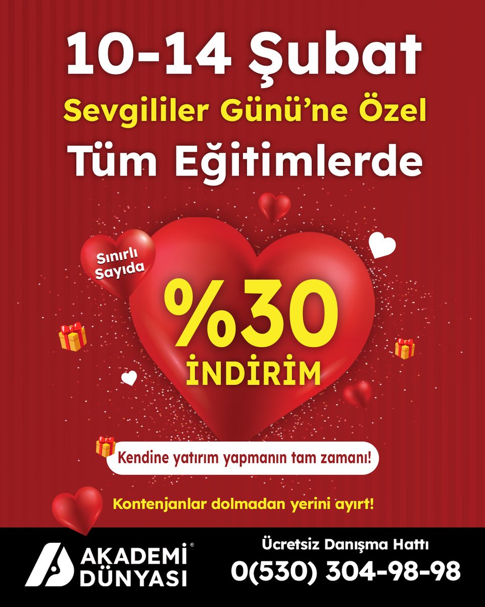 AkademiUE's tweet photo. 💘 10–14 Şubat Sevgililer Günü’ne Özel Fırsat! 💘

Tüm eğitimlerimizde %30 indirim başladı! 🎉

Kendine yatırım yapmanın tam zamanı ✨
Hayalini kurduğun mesleğe şimdi çok daha avantajlı şartlarla adım atabilirsin. https://t.co/8ZplKYqLgU