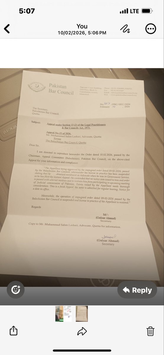 Alhamdolillah Licence of Saleem Khan Lashari is restored by competent Authority of PBC today 10.2.26 order of BBC dated 9.2.26 is Suspended