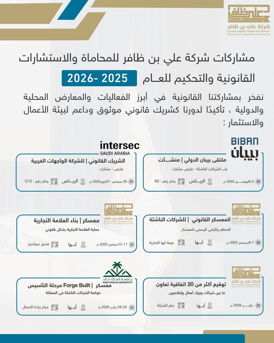 نفخر بمشاركات شركة علي بن ظافر للمحاماة والاستشارات القانونية والتحكيم خلال عامي 2025–2026، في أبرز الفعاليات والمعارض المحلية والدولية، تأكيدًا لدورنا كشريك قانوني موثوق وداعم لبيئة الأعمال والاستثمار ⚖️✨
مشاركاتنا مستمرة… ورؤيتنا واضحة نحو أثر قانوني مستدام ..

#علي_بن_ظافر