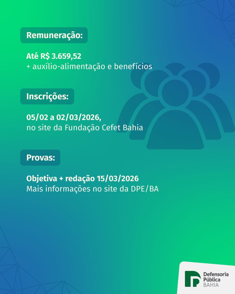 São 68 vagas para Salvador e formação de cadastro de reserva para atuação nas unidades do interior, distribuídas por territórios de identidade. O período de inscrições vai de hoje, 5 de fevereiro, até as 17h do dia 02 de março, exclusivamente pelo site da Fundação Cefet Bahia.