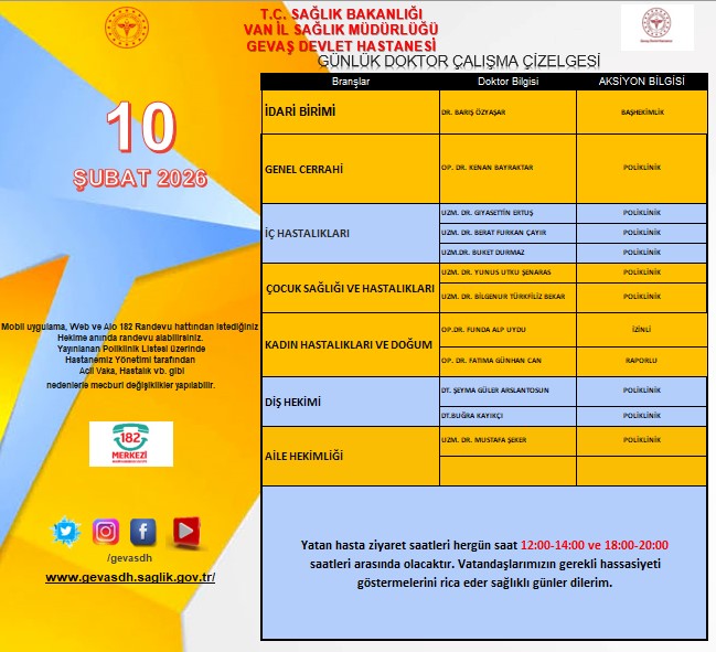 Mobil,Web ve 182 Randevu hattından istediğiniz Hekime anında randevu alabilirsiniz. Yayınlanan Poliklinik Listesi üzerinde Hastanemiz Yönetimi tarafından Acil Vaka,Hastalık vb.gibi nedenlerle mecburi değişiklikler yapılabilir.
<a href="/vanilsaglik/">Van İl Sağlık Müdürlüğü</a>

<a href="/drmuhammedtosun/">Dr.Muhammed Tosun</a>

<a href="/KHHBVANILSAGLIK/">Dr. Sevcan Sağlam</a>