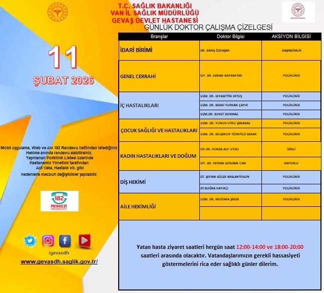 Mobil,Web ve 182 Randevu hattından istediğiniz Hekime anında randevu alabilirsiniz. Yayınlanan Poliklinik Listesi üzerinde Hastanemiz Yönetimi tarafından Acil Vaka,Hastalık vb.gibi nedenlerle mecburi değişiklikler yapılabilir.
<a href="/vanilsaglik/">Van İl Sağlık Müdürlüğü</a>

<a href="/drmuhammedtosun/">Dr.Muhammed Tosun</a>

<a href="/KHHBVANILSAGLIK/">Dr. Sevcan Sağlam</a>