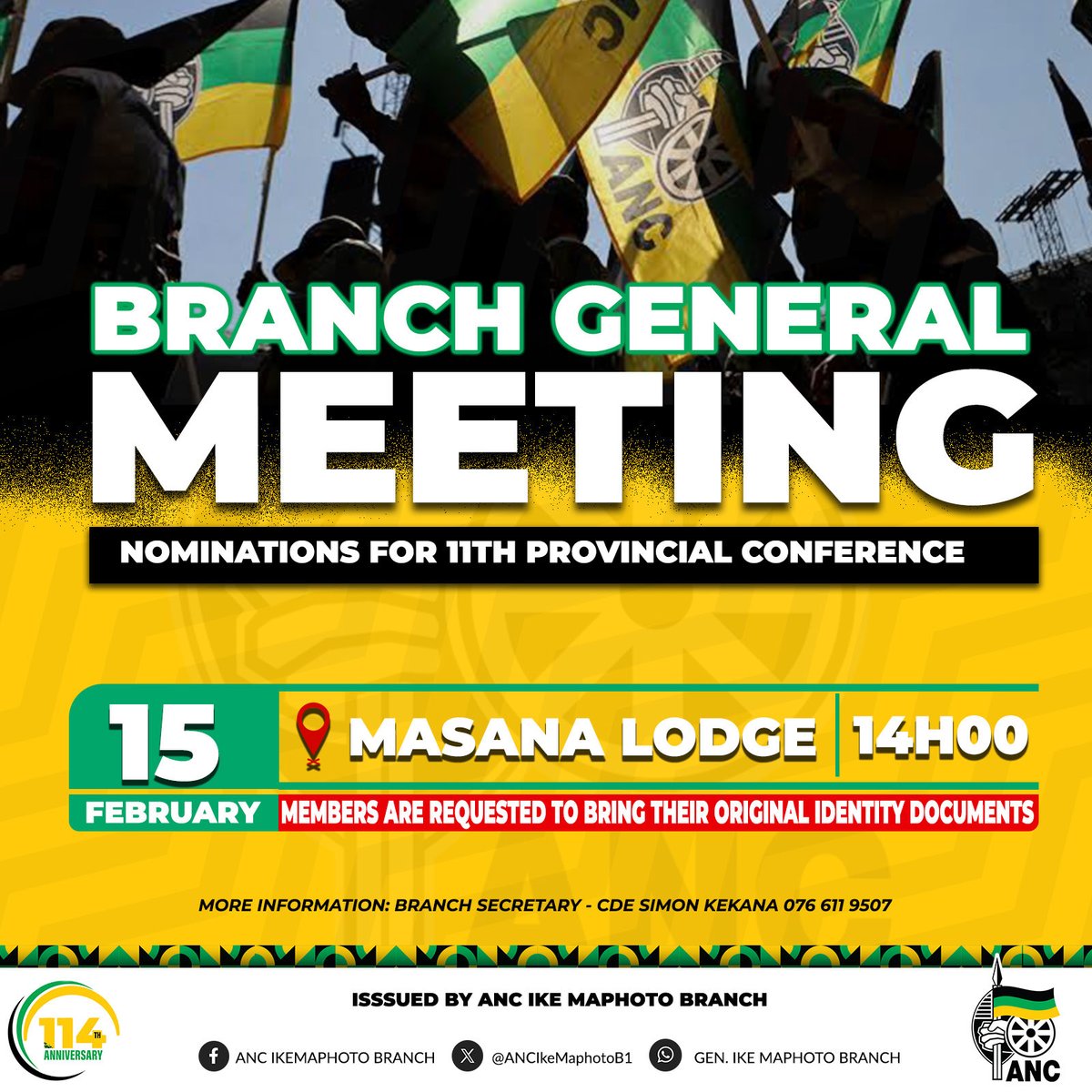 ANCIkeMaphotoB1's tweet photo. The ANC Ike Maphoto branch will be convening its BGM with purpose of nominating candidates for the upcoming 11th ANC Limpopo provincial conference. All members should bring along their ID books/cards for verification. https://t.co/v7AhD8KfdN