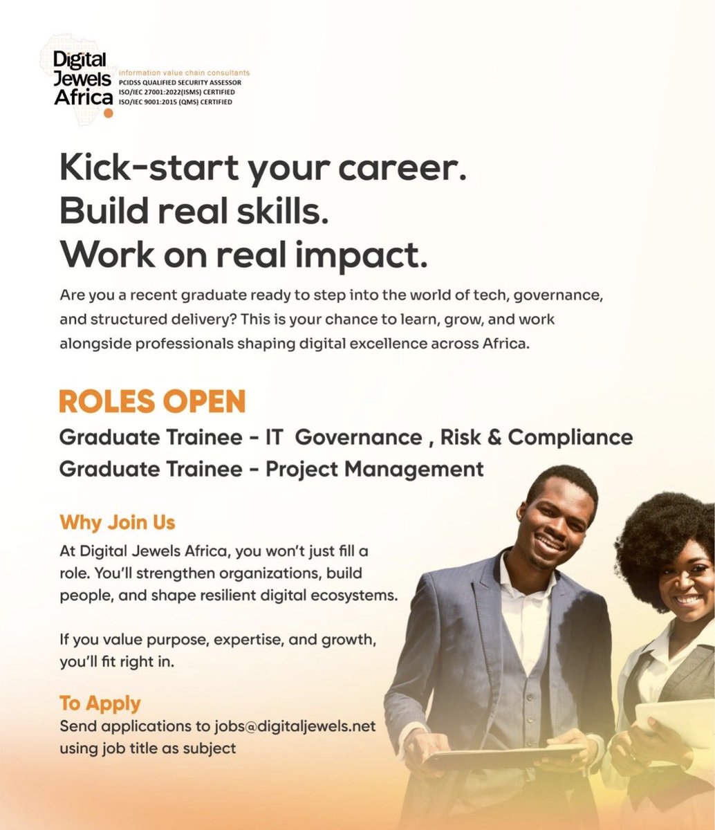Graduate Trainee Program – Digital Jewels

Digital Jewels is looking for graduates ready to learn, grow, and start their careers.

Open Roles
▪︎ Graduate Trainee – IT Governance, Risk &amp; Compliance (GRC)
▪︎ Graduate Trainee – Project Management

What You Get
- Hands-on