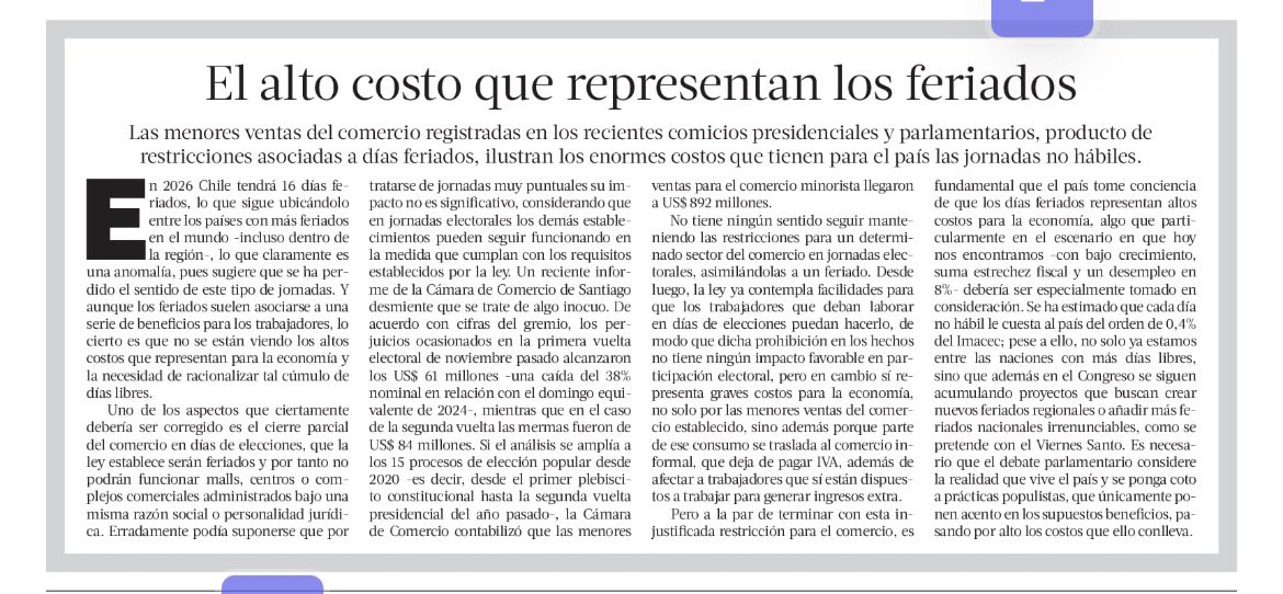 Ojo que <a href="/latercera/">La Tercera</a> nos quiere quitar los feriados. Así se viene la mano con el próximo gobierno.
