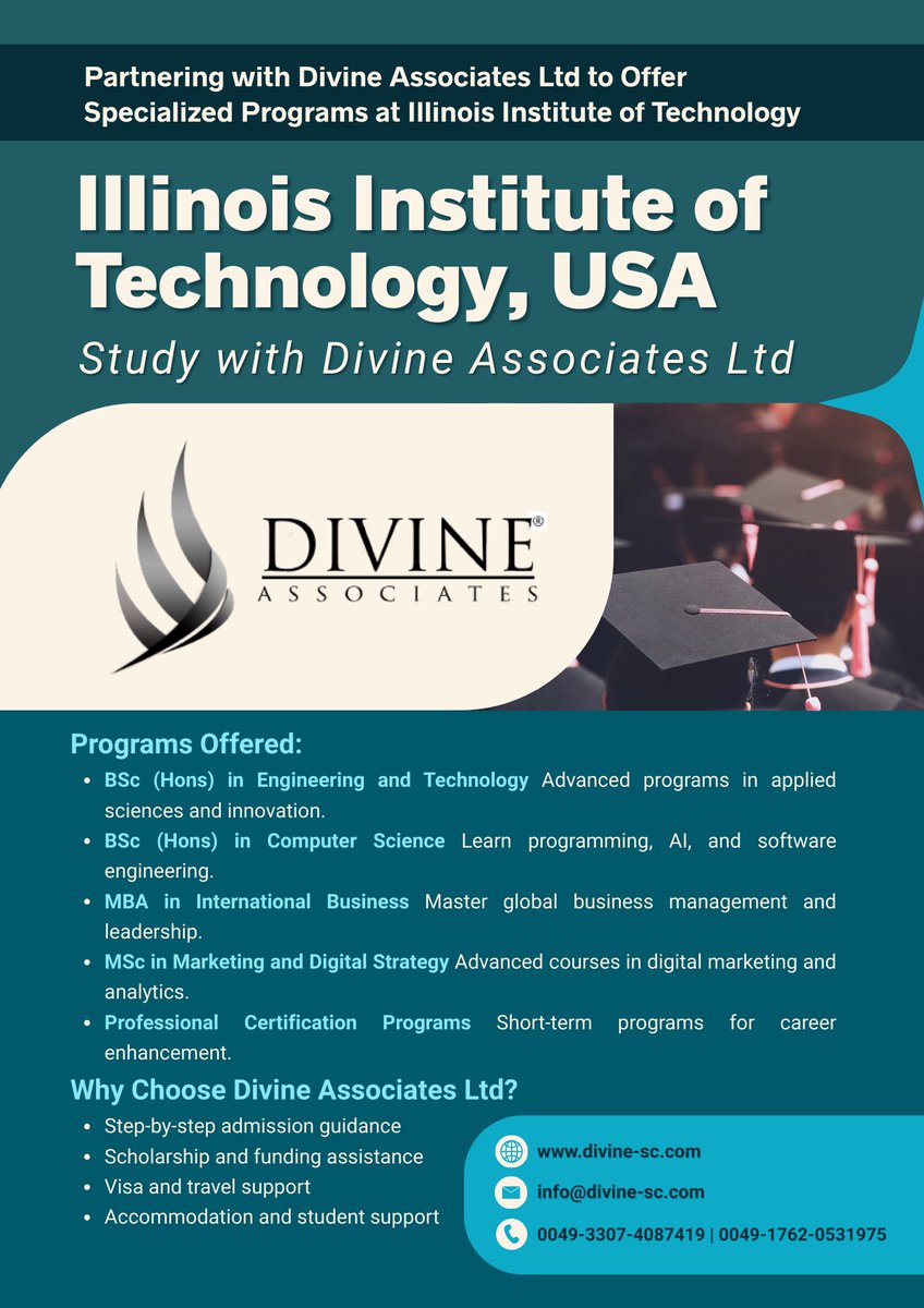 DivineAssociat's tweet image. Excel in engineering, business, and technology at Illinois Institute of Technology with guidance from Divine Associates Ltd.
#DivineAssociatesLtd #StudyAbroad #IllinoisInstituteOfTechnology #InternationalEducation #ScholarshipSupport #StudentVisa #HigherEducation #STEMEducation