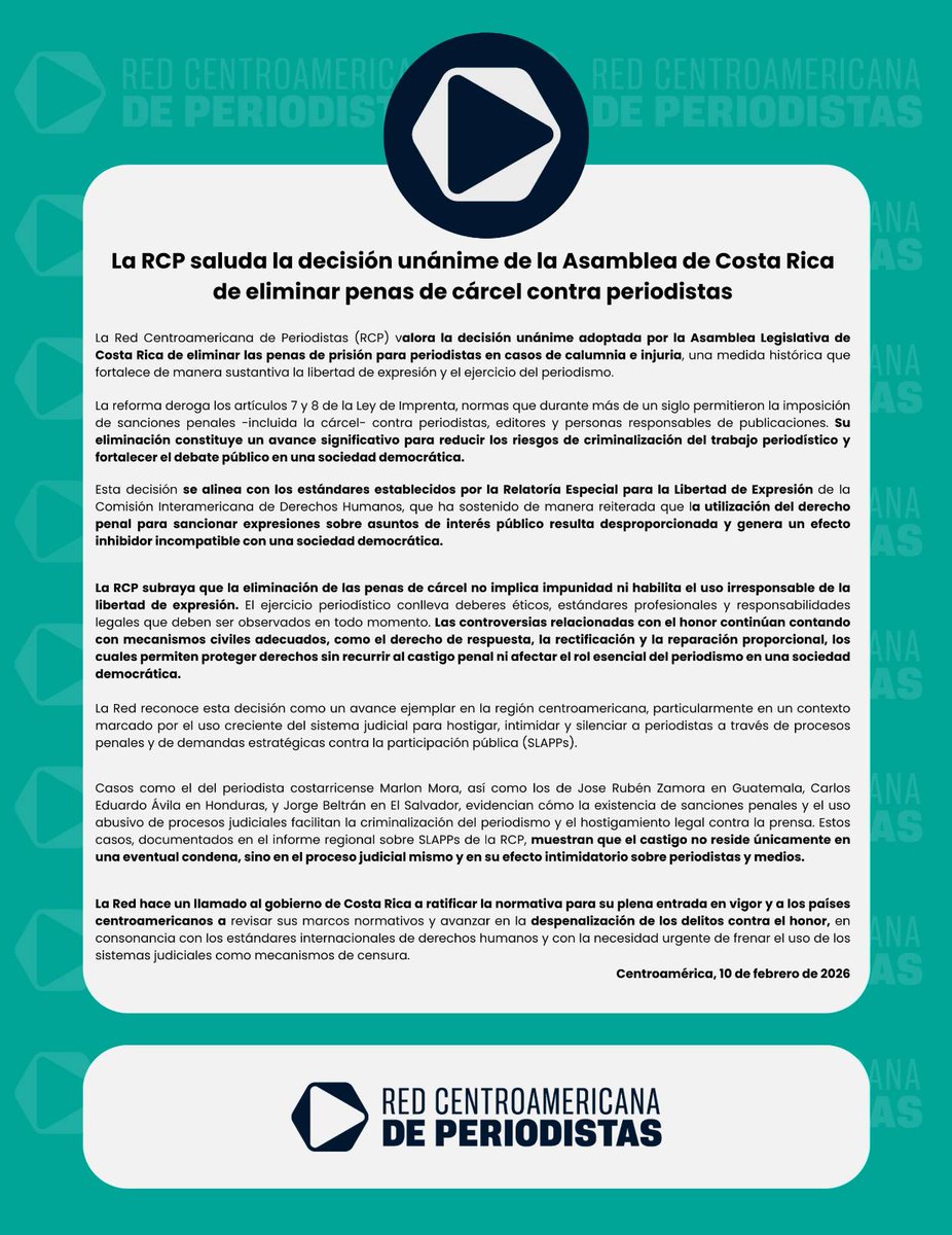 #ComunicadoRCP 📣La Red Centroamericana de Periodistas valora la decisión unánime adoptada por la Asamblea Legislativa de Costa Rica de eliminar las penas de prisión para periodistas en casos de calumnia e injuria, una medida histórica que fortalece de manera sustantiva la