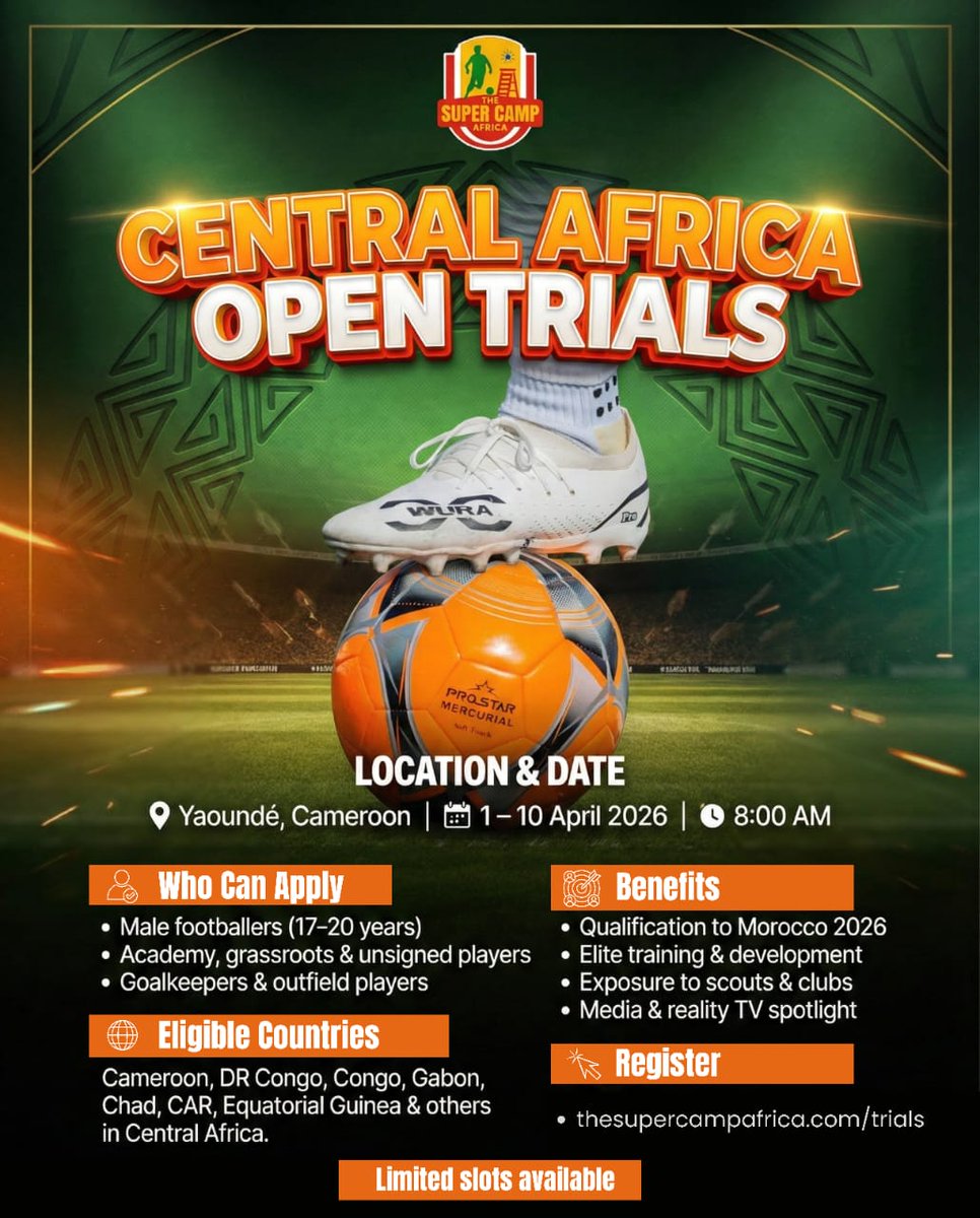 Central Africa, are you ready? ⚽🌍 The eligible countries have been officially announced.

Your journey to Morocco 2026 starts here.

#SuperCampAfrica #CentralAfricanFootball #FootballSelections