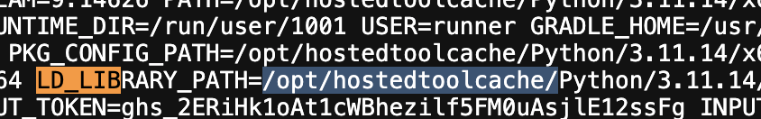 BakarsPOV's tweet photo. We also saw dynamic linker configuration via LD_LIBRARY_PATH.

Not malicious here, GitHub runners use it to load system runtimes from non-standard paths. But it’s a known execution-hijack primitive if pointed at user-writable locations, which is why runtime context matters. https://t.co/cK98CdMwfH