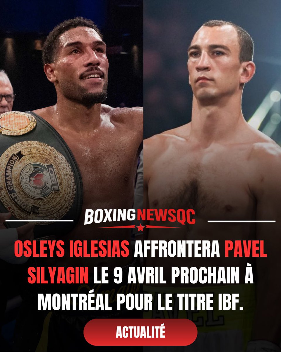 🚨DERNIÈRE HEURE: Le promoteur de Pavel Silyagin, RCC Promotions, a confirmé sur les réseaux sociaux que leur boxeur croisera le fer avec Osleys Iglesias le 9 avril prochain à Montréal. 

Ce sera pour le titre vacant de la IBF🏆

#IglesiasSilyagin | #BoxingNewsQC
