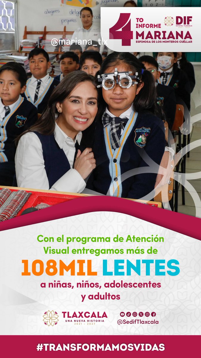 Con el programa de #AtenciónVisual, en el <a href="/SEDIFTlaxcala/">SEDIF Tlaxcala</a> devolvemos claridad y esperanza a las familias. 👁️ Más de 108 mil lentes entregados para que niñas, niños, adolescentes y adultos vean un futuro mejor. Juntas y juntos <a href="/SedifTlaxcala/">SEDIF Tlaxcala</a>