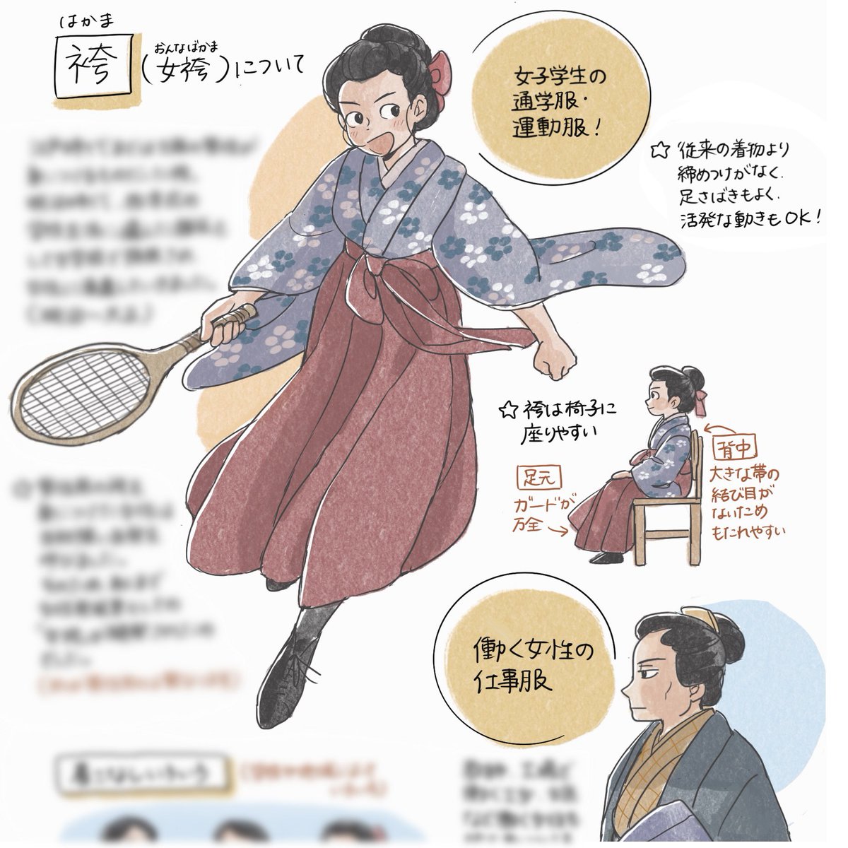 時代の装い、面白いですよね。
最近、関心があるのは「袴」です。
江戸時代までは士族の男性の装束だったのが、明治〜大正期には女子学生や働く女性に浸透していきます。
弥生美術館の展示がきっかけで、コミティアに出すイラスト本の描き下ろしページでも少し触れています🌟