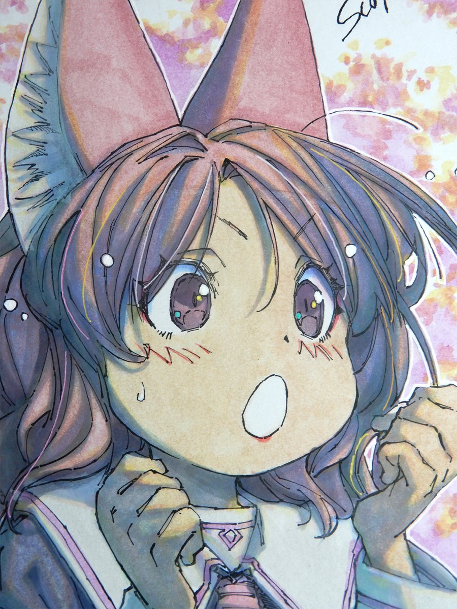 アナログ2444：応援？驚き？】久々に中色紙に水彩。ディフォルメで表情