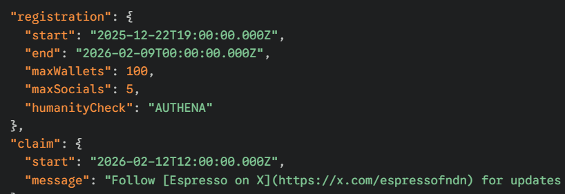 Espresso $ESP Prime sale went live on Binance half an hour ago. 
And just discovered from the latest config, the claim is scheduled to go live Feb 12th at 12:00 UTC👀
Peanuts probably loading.