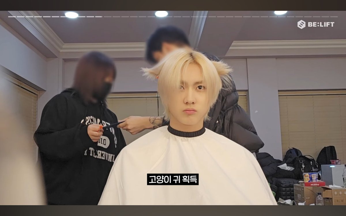 when the hairstylist put jungwon's hair up with the clip, the editors put a meow sound with captions “the cat’s ears perked up” 🥺