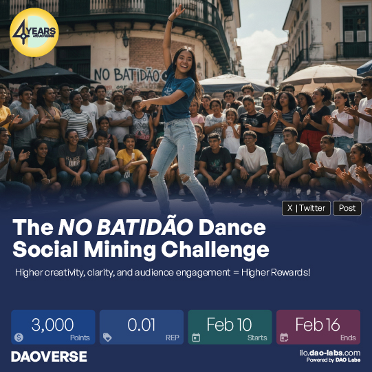 🪩 The NO BATIDÃO Daoversian Dance Challenge just dropped 🪩 

🕺If your moves don’t shake the timeline, start over.

🕺Bring chaos, bring flavor, bring that “I didn’t come to play” energy. #SocialMining pays extra when you go unhinged and creative.

🗓 Feb 10–16 

🎁 3,000