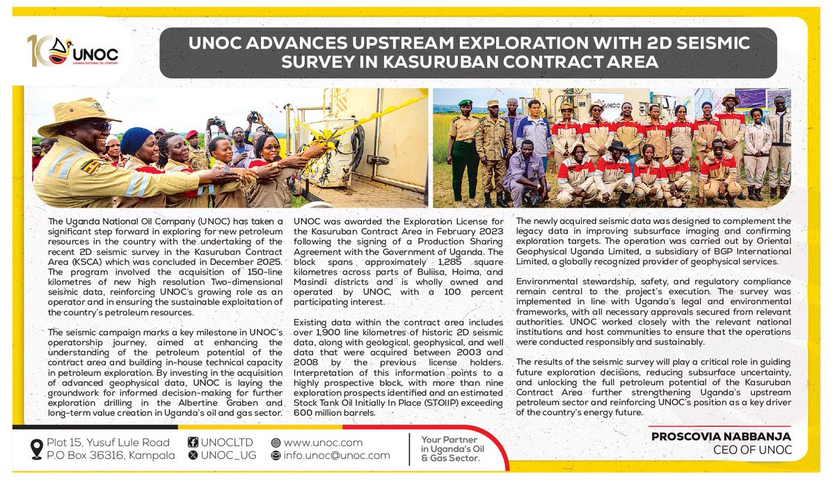 UNOC_UG's tweet photo. UNOC’s decision to undertake a 2D seismic survey is a milestone in Uganda’s push to confirm new oil resources. It helps determine whether Kasuruban holds commercially viable oil and whether UNOC should move toward development or if the company will burn money without finding oil.

A 2D seismic survey works by sending sound waves into the ground to map subsurface geology. The returning signals are interpreted to build a clearer picture of rock layers and potential oil traps. Without this data, drilling is largely guesswork and costly.