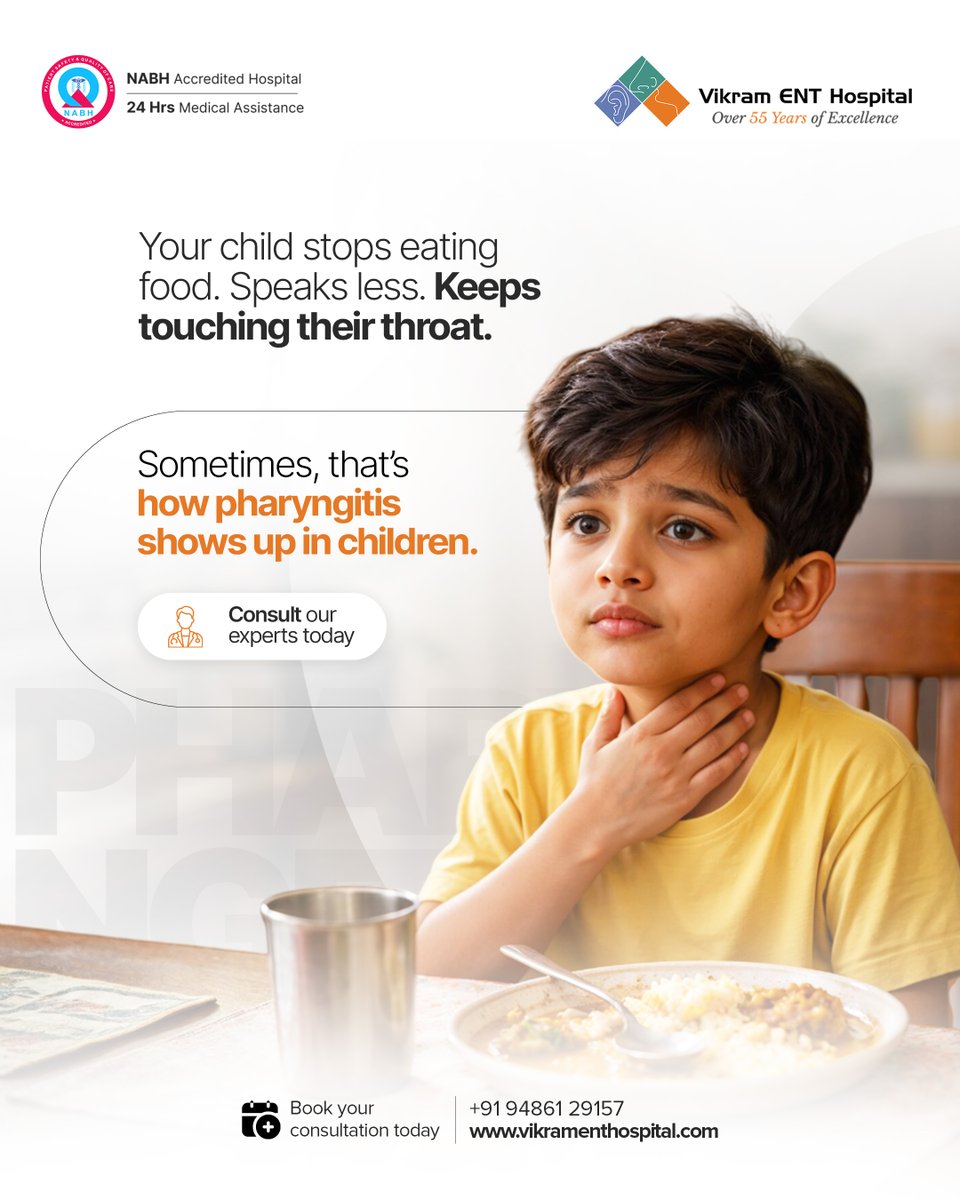 vikramentcare's tweet image. Not every child can explain discomfort clearly. Changes in eating, speaking, or behaviour can be subtle signs of 𝐭𝐡𝐫𝐨𝐚𝐭 𝐢𝐧𝐟𝐥𝐚𝐦𝐦𝐚𝐭𝐢𝐨𝐧.

📞 𝟗𝟏 𝟗𝟒𝟖𝟔𝟏 𝟐𝟗𝟏𝟓𝟕 
Know More - vikramenthospital.com

#Pharyngitis #ThroatInfection #VikramENT #VikramENTHospital