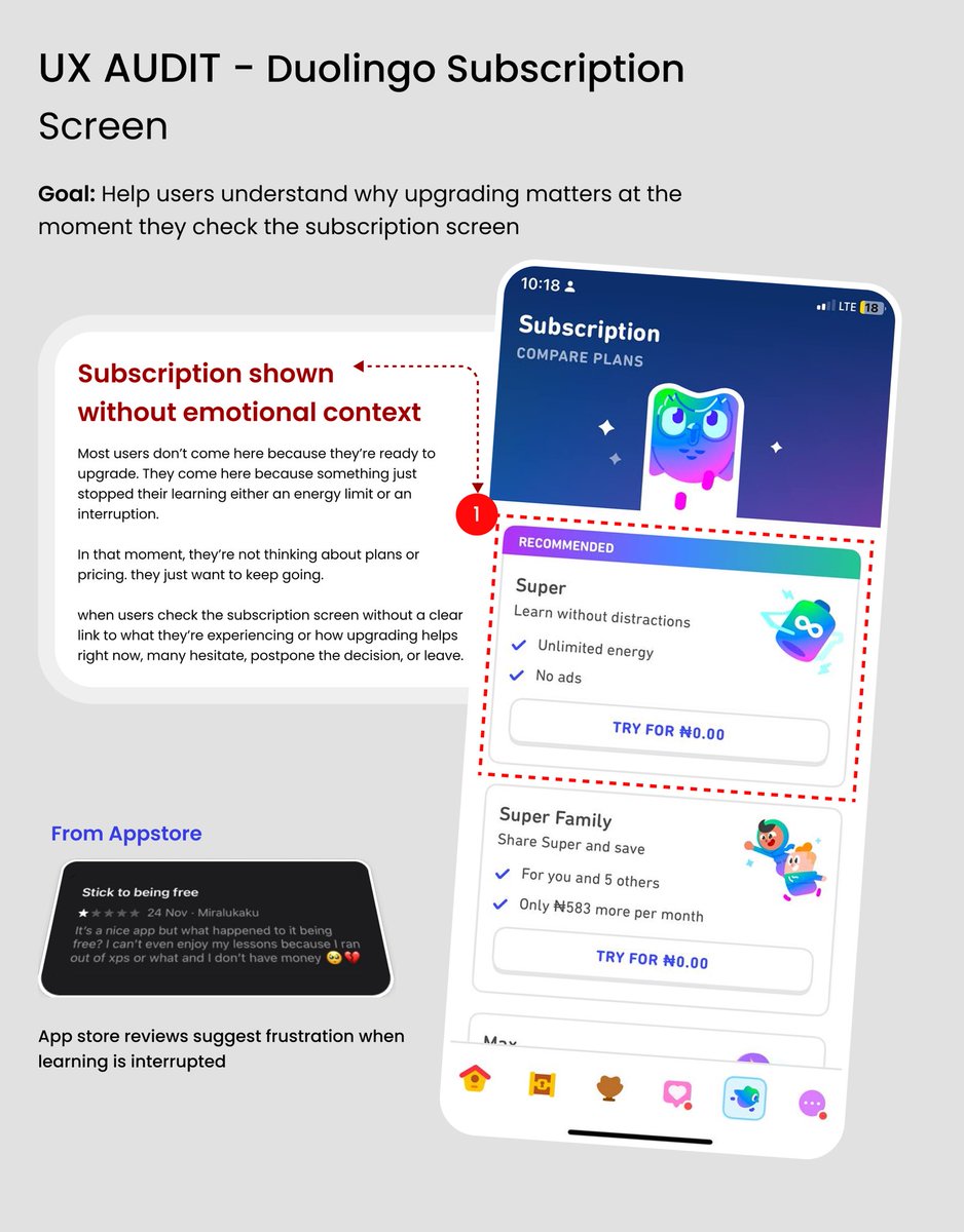 Small UX thought from Duolingo.
Many users hit the subscription screen because their lesson just got blocked not because they want to upgrade.
In that moment, they just want to keep going. Jumping straight to pricing makes people pause.
Small timing details matter.

Your thought?