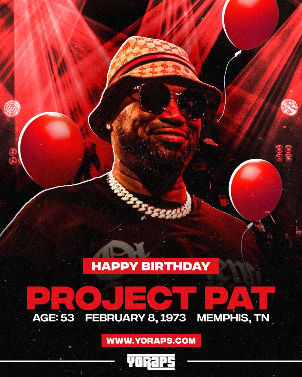YoRapsMagazine's tweet image. 🎊 #HAPPYBIRTHDAY: #ProjectPat (#February8, 1973, #Memphis, #TN)

Any #Three6Mafia fans here ⁉️
---
✅ Yo! Raps: yoraps.com
🚀 Yo! PR: yo-pr.com