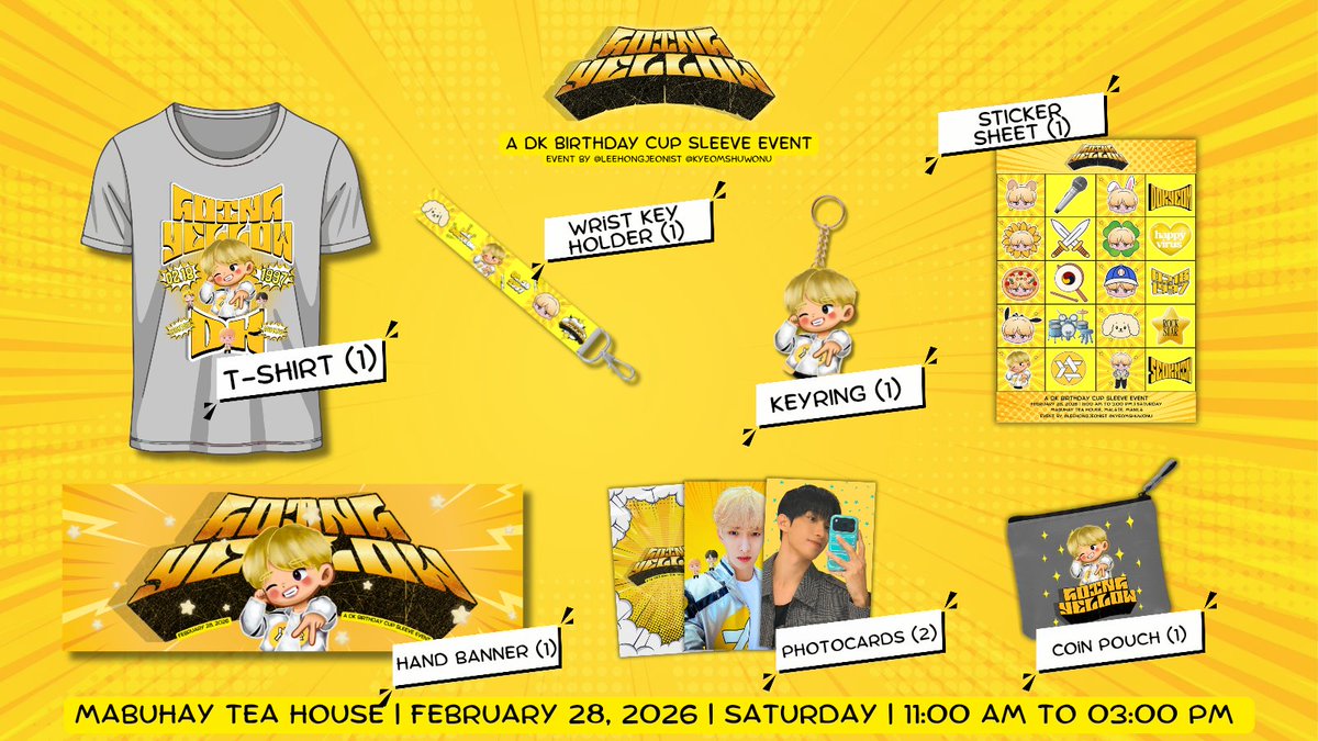 Here's the updated kit inclusions:

1 shirt
1 wrist key holder
1 sticker sheet
1 banner 
2 photocards 
1 coin pouch

Some inclusions have been updated due to supplier's limitations &amp; time constraints. 

Few slots left! Register here ⤵️

#GoingYellowDKcse

forms.gle/MTQn6tDe2y1WZG…