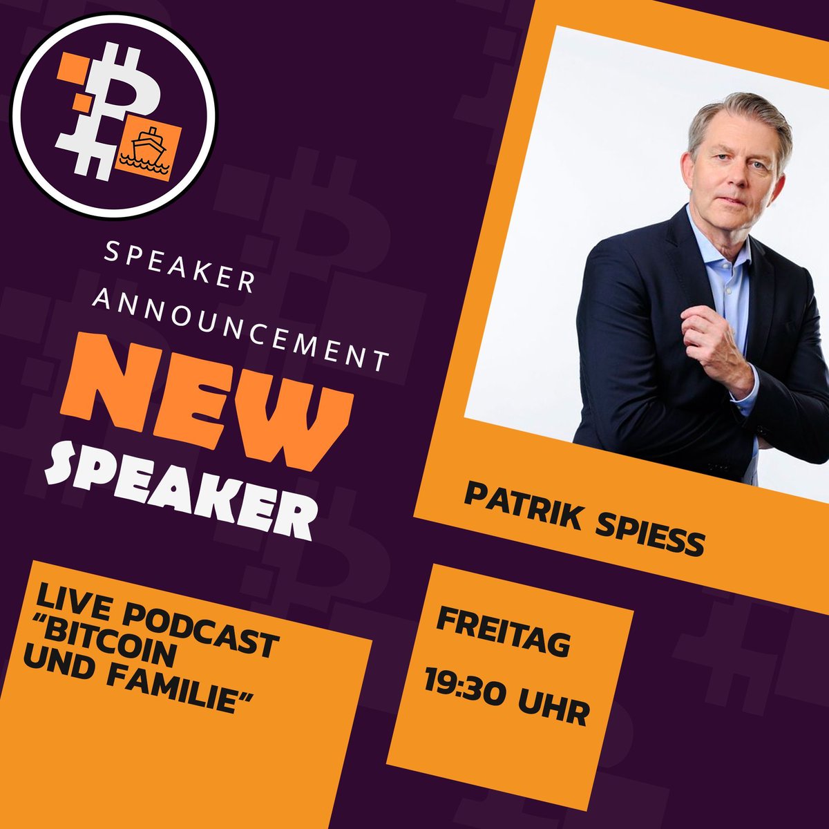 🎤 SPEAKER ANNOUNCEMENT🎤 
Ein neues Gesicht auf dem Satoship 🧡 ⛴️ 
Patrik Spiess ist Kinderbuchauthor und wird mit uns über Bitcoin und Familie sprechen.
Willkommen an Bord <a href="/PatrikSpiess/">Patrik Spiess</a>