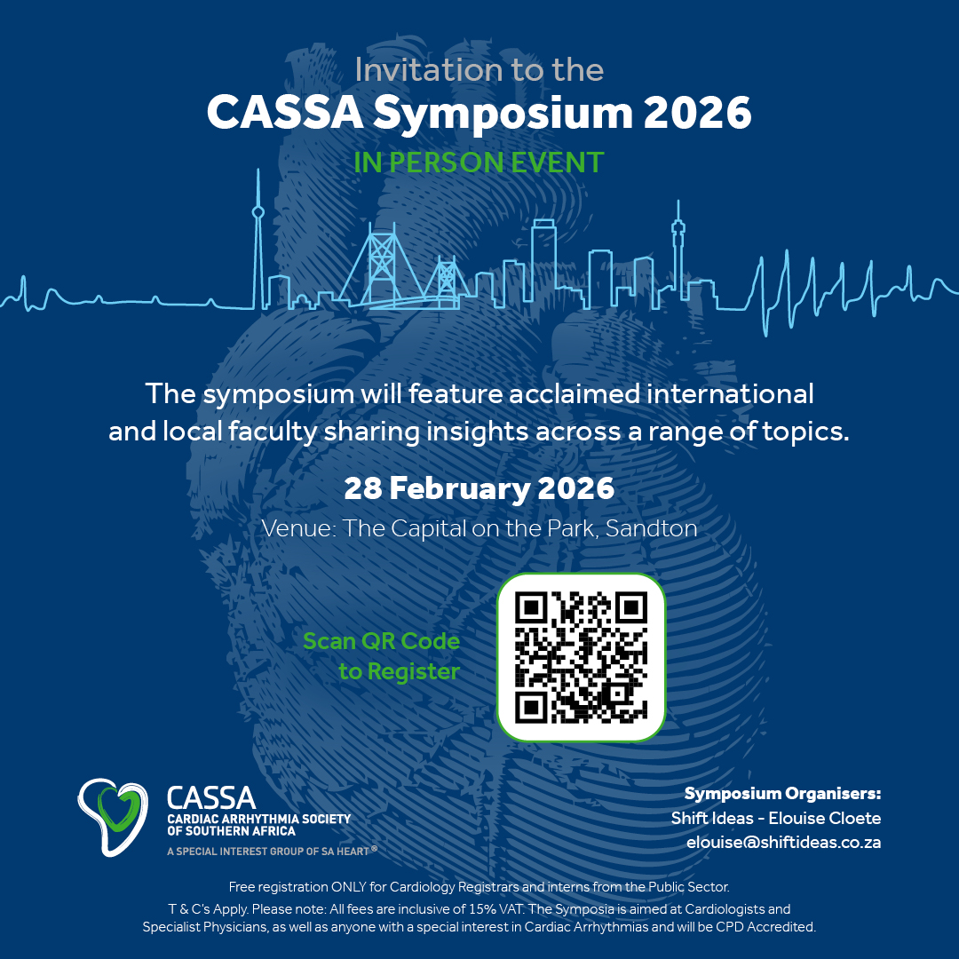 CASSA_SAHeart's tweet image. Don’t miss the #CASSA Symposium 2026 in Sandton on 28 Feb! 🗓️🇿🇦 

Learn from acclaimed international &amp;amp; local faculty on cardiac #arrhythmias
Register now: shiftideas.eventsair.com/cassa-2026/reg…