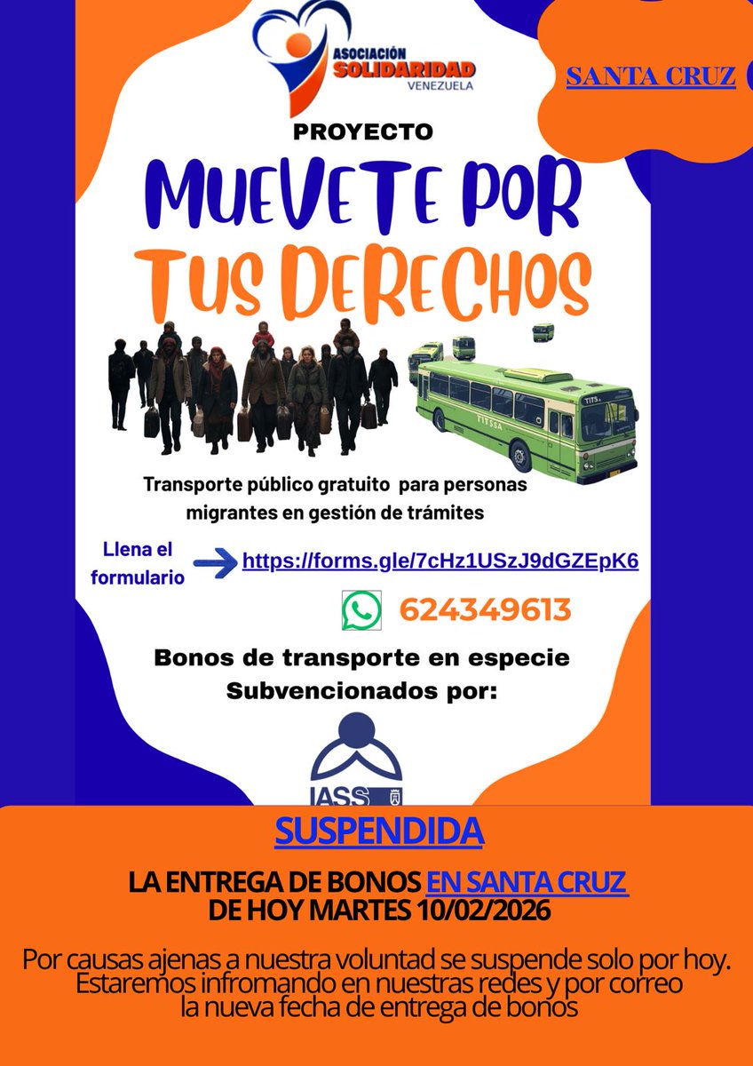 Aviso | Santa Cruz
Queda suspendida la entrega de bonos de transporte del proyecto #MuévetePorTusDerechos, prevista para hoy 10/02/2026, por causas ajenas a nuestra voluntad.
La nueva fecha será informada por nuestras redes.
Gracias por su comprensión.