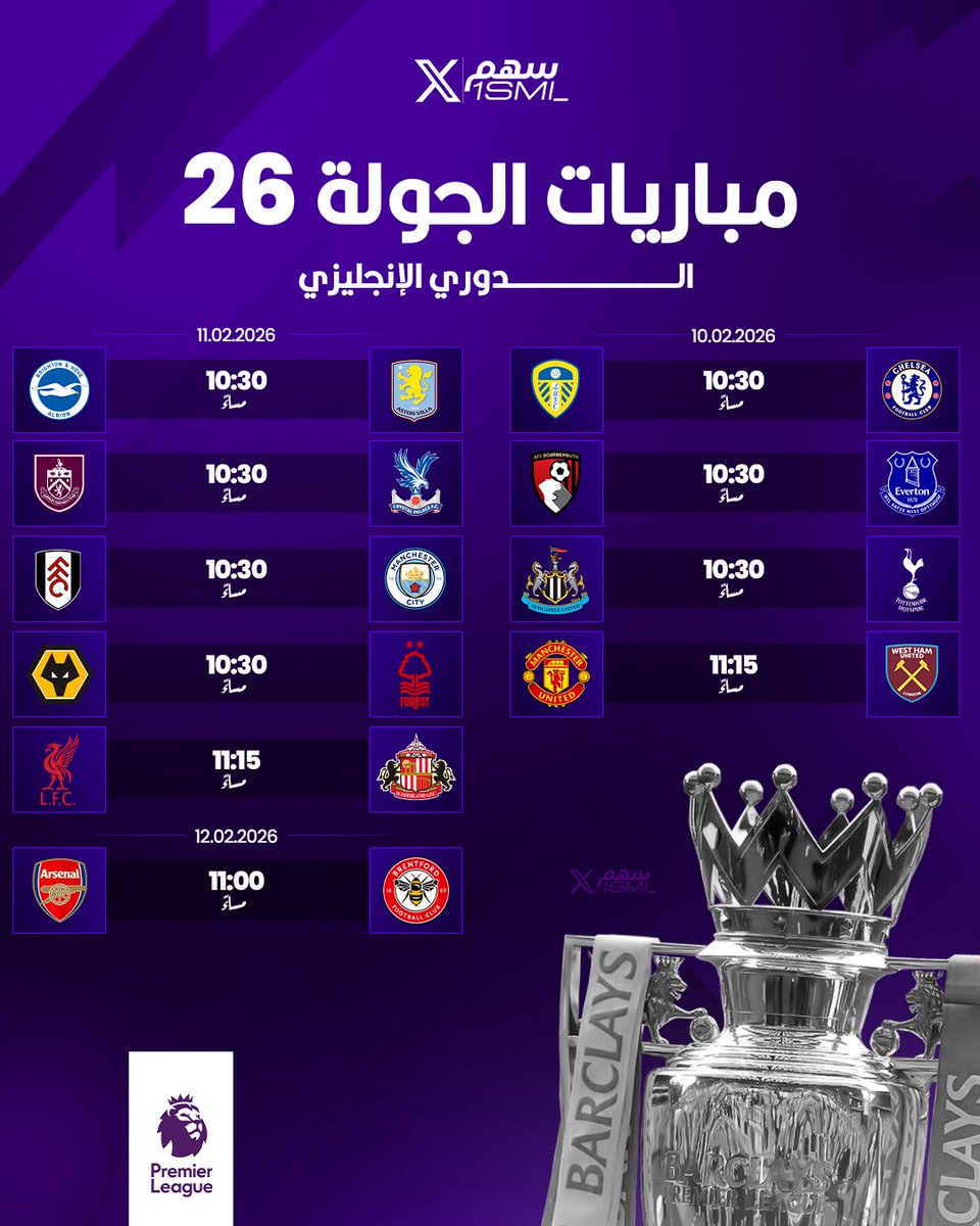 🚨🚨🚨🚨🚨🚨🚨🚨 استعدوا!!!!!

اليوم تنطلق الجولة الـ26 بـالدوري الانجليزي الممتاز ♥️🏴󠁧󠁢󠁥󠁮󠁧󠁿