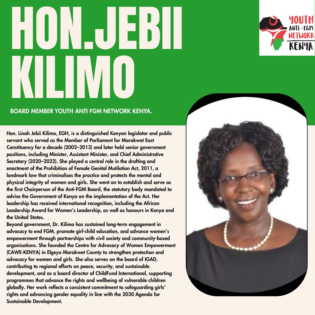 🌟Introducing the Youth Anti-FGM Network Kenya Advisory Board! 🌟
A team of passionate leaders, changemakers, and experts coming together to guide YANK’s mission to end FGM and empower communities across Kenya. Today, we are proud to welcome Hon. Linah Jebii Kilimo, whose