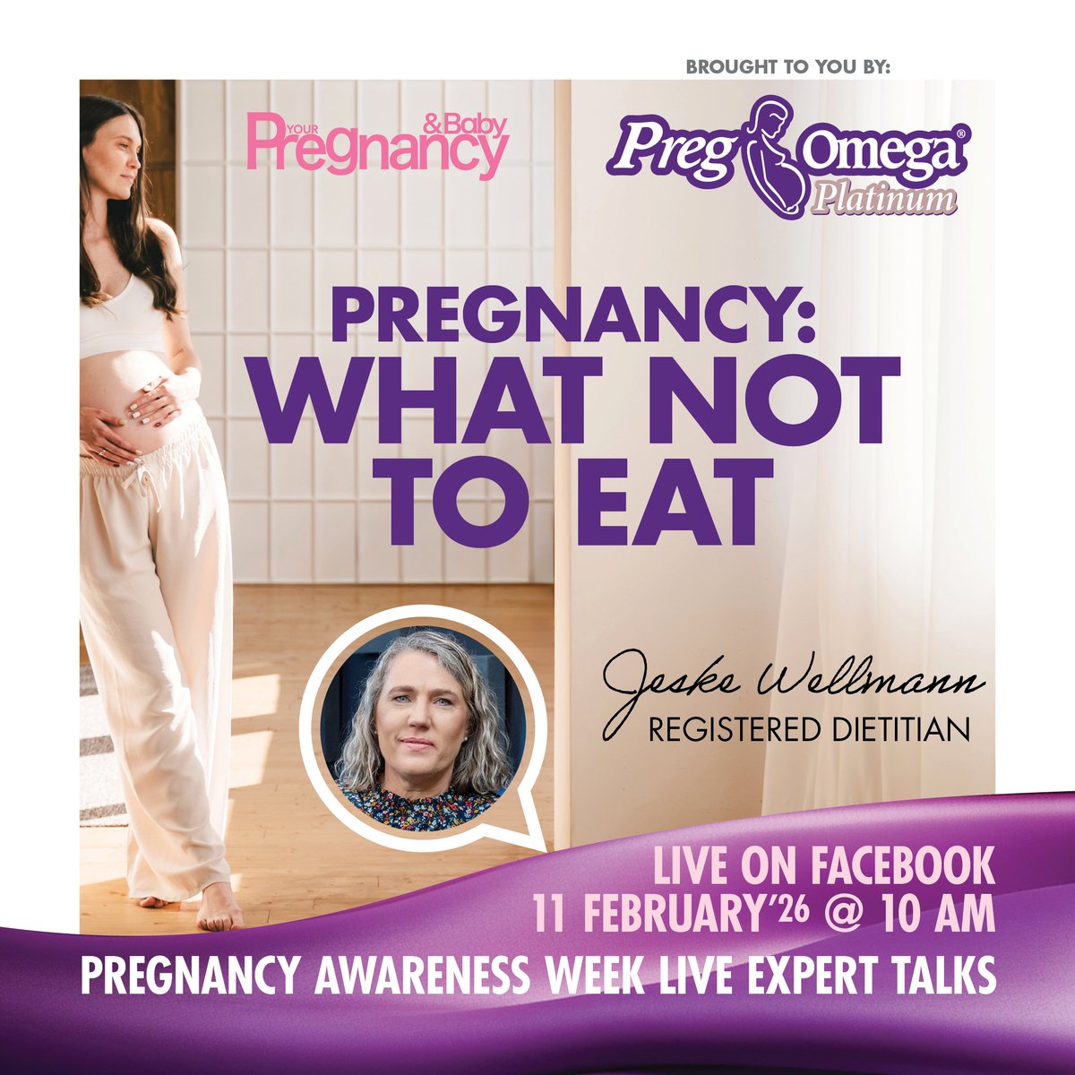 We are excited to welcome registered dietitian Jeske Wellmann back for another expert talk tomorrow on our Facebook page.
Join in in the comments during the talk for a chance to win a Babies R Us voucher worth R2 500!
Brought to you by PregOmega Platinum.
<a href="/pregomega/">Pregomega Plus</a>