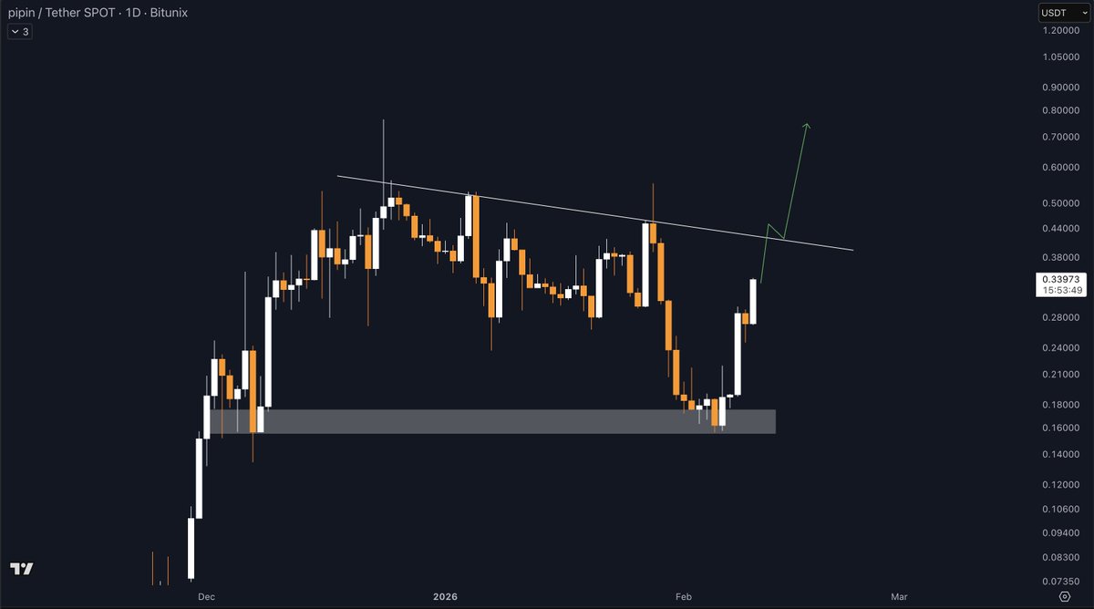 Gclubcapital's tweet photo. #PIPIN - 1D Analysis

$PIPIN just reacted strongly from a major demand / base support zone (~0.16–0.18).
This bounce is pushing price back toward descending trendline resistance.

A clean break and acceptance above the trendline would signal a trend shift and open continuation higher.
Rejection there keeps price ranging between support and trendline resistance.

Key area: trendline reclaim = bullish confirmation.