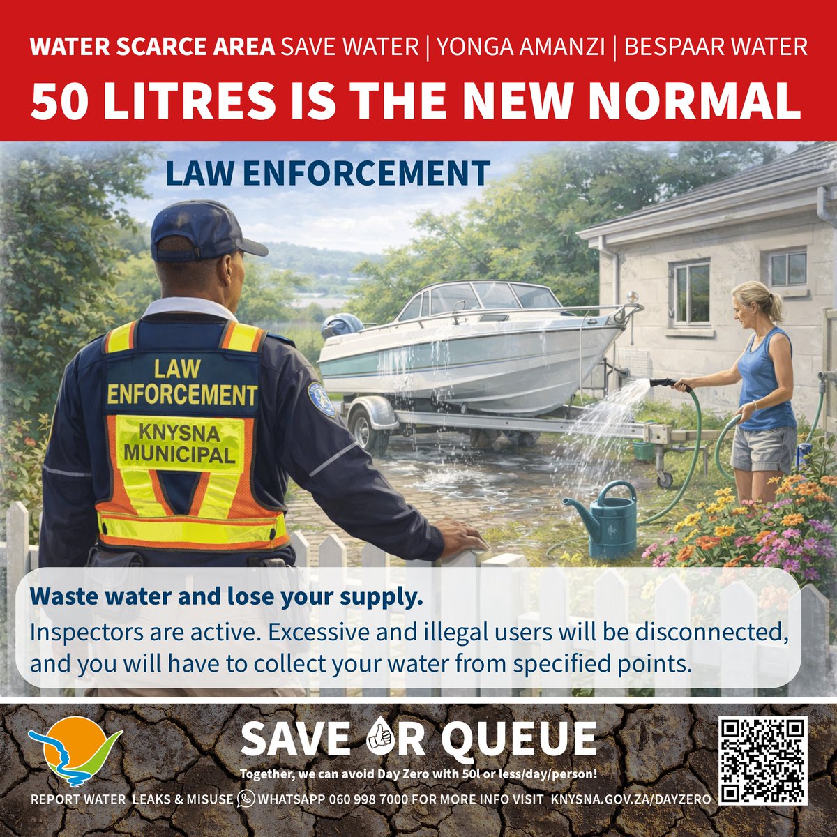 KnysnaMuni's tweet image. SAVE OR QUEUE | LAW ENFORCEMENT 📢

Waste water and lose your supply. 🚱

👮🏽‍♂️Inspectors are active. Excessive and illegal users will be disconnected, and you will have to collect your water from specified points. 🪣

#DayZero #ThinkWater #SaveorQueue