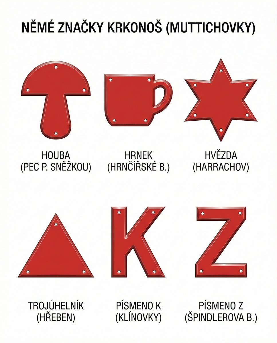 1/6 🔴 Víte, co znamenají ty velké červené plechové symboly na tyčích v Krkonoších? Říká se jim "Muttichovky" nebo němé značky. Je to světový unikát, který chrání turisty už od roku 1923. 🧵 Malé vlákno o geniálním nápadu, který vznikl z národnostních sporů. 👇