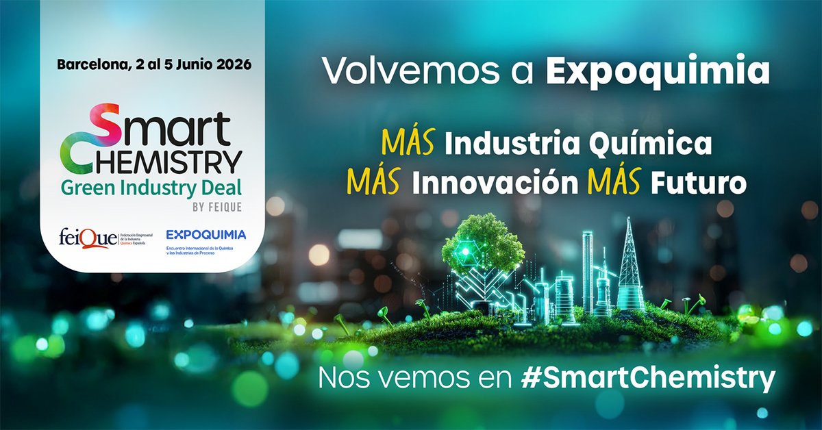 Feique_ES's tweet photo. 🔬 #SmartChemistry vuelve a #Expoquimia26 del 2 al 5 de junio de 2026 en Fira Barcelona, una iniciativa impulsada por Feique que regresa bajo el lema #GreenIndustryDeal para mostrar el papel esencial de la #industria #química frente a los retos globales: #competitividad industrial, #innovación, #sostenibilidad, #descarbonización y #digitalización, así como su contribución a una #EconomíaCircular y climáticamente neutra.
💡 Con conferencias, debates y SmartTalks de alto nivel, Smart Chemistry reúne a las empresas e instituciones líderes del sector para visibilizar soluciones reales y fomentar el diálogo que impulsa la transformación industrial, del planeta y de la sociedad en su conjunto. Un espacio estratégico para posicionar ideas, generar oportunidades y fortalecer redes dentro de una industria que impulsa el futuro.
Ya participan: @aeqtonline @airliquidegroup @BASF_ES #bondalti @Carburos @CDTI_innovacion @ChemMedCluster @CovestroES #Ercros @FEQPARAGON #IndustriasQuímicasDelEbro @Messer_es @MoeveGlobal @Q_Cinca #Quimidroga @Repsol
Toda la info👉https://t.co/0nFMVRecdf
#SmartChemistry #Expoquimia26 #IndustriaQuímica #Innovación #Sostenibilidad #TransformaciónIndustrial #Networking #CleanIndustryDeal