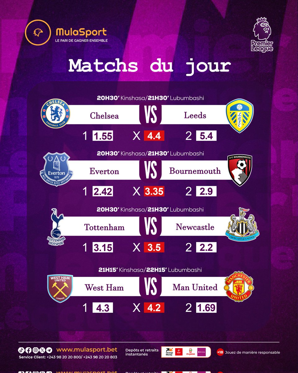 Mulasport_RDC's tweet photo. 🏆 Premier League – Matchs du jour
Vivez toute l’intensité de la Premier League avec les grandes affiches du jour et profitez des meilleures cotes sur https://t.co/fatfODtOKA.

👉 https://t.co/3TORYrIrn0�
💰 Dépôts et retraits rapides – 🔐 Sécurité garantie https://t.co/bWIw74YR2G
