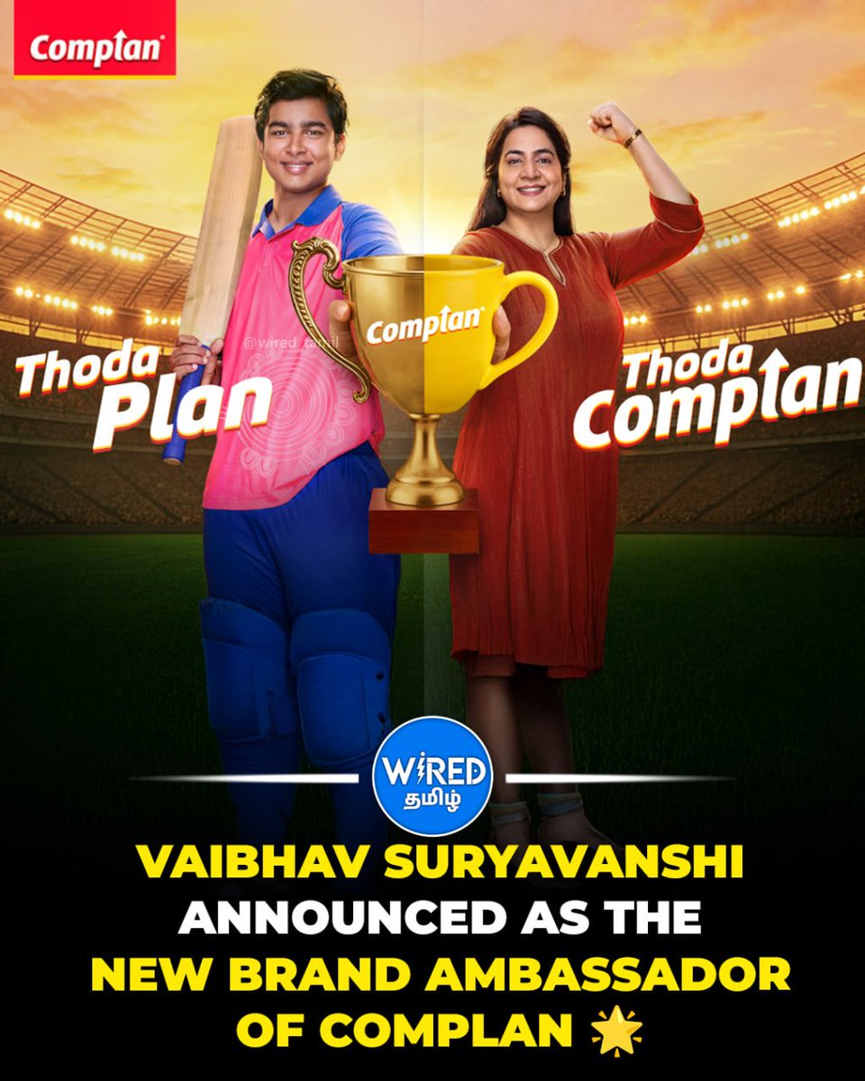 The_Wired_Tamil's tweet image. Vaibhav Suryavanshi Announced as the New Brand Ambassador of Complan 🌟

#VaibhavSuryavanshi #Complan #wiredtamil #BrandAmbassador #IndianCricket #YoungStar #FutureOfCricket #NextGen #CricketProdigy