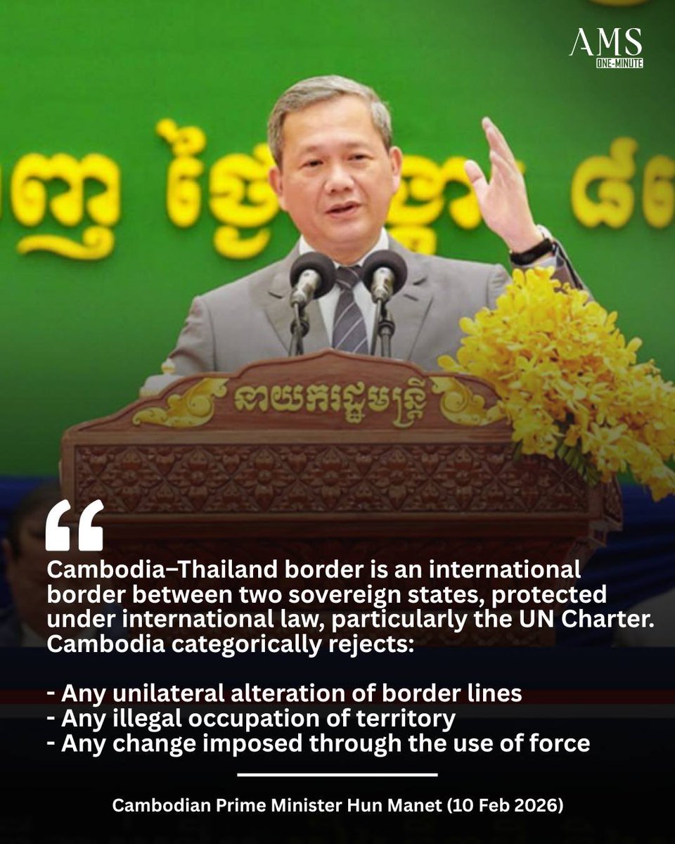 ams1minute's tweet photo. Cambodia categorically rejects:

- Any unilateral alteration of border lines
- Any illegal occupation of territory
- Any change imposed through the use of force https://t.co/cz04C3t7SN