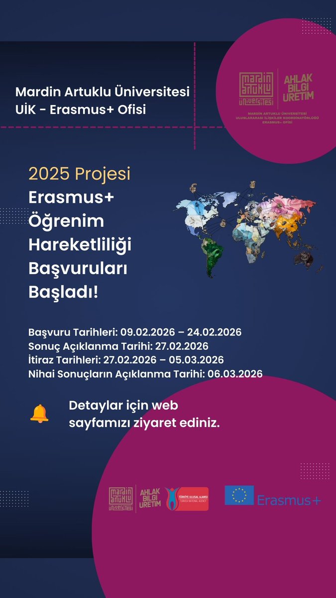 2025 Projesi Erasmus+ Öğrenim Hareketliliği başvuruları başlamıştır. Süreçte bütün adaylara başarılar dileriz.

Detaylı bilgi için web sayfamızı ziyaret edin:
artuklu.edu.tr/erasmus-ofisi