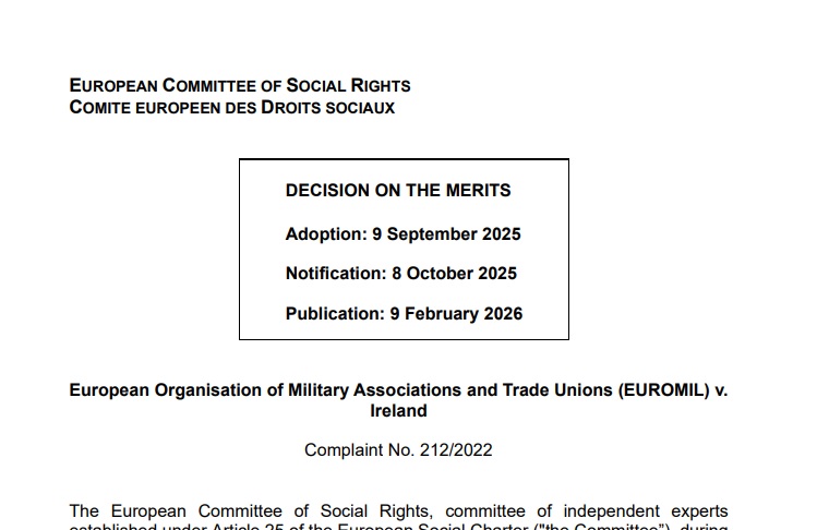 📷📷📷 Publicada decisión ondo CEDS <a href="/EUROMILeurope/">EUROMIL</a>  c. Irlanda (nº 212/2022). Derechos fuerzas armadas. Violación unanimidad art. 2.2 (remuneración) y 4.2 (jornada) Carta Social europea. Texto completo rm.coe.int/cc-212-2022-dm…