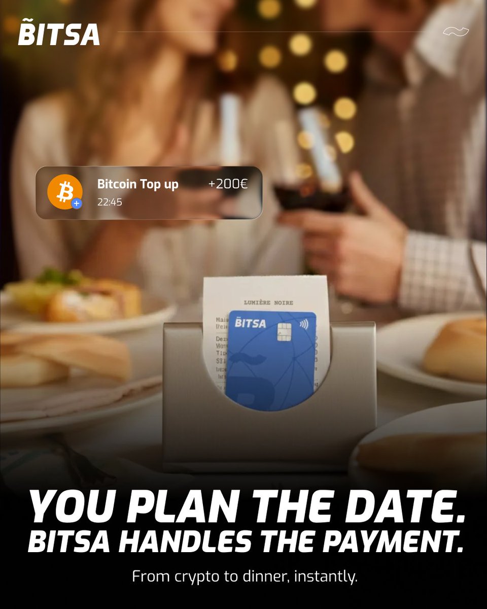 You bring the vibes. 

Bitsa brings instant crypto-to-euro conversion. 

Pay for your Valentine's date anywhere. 

Get Bitsa. 💜​

#Bitsa #BitsaCard 
#CryptoPayments #VISA #Fintech #PayYourWay