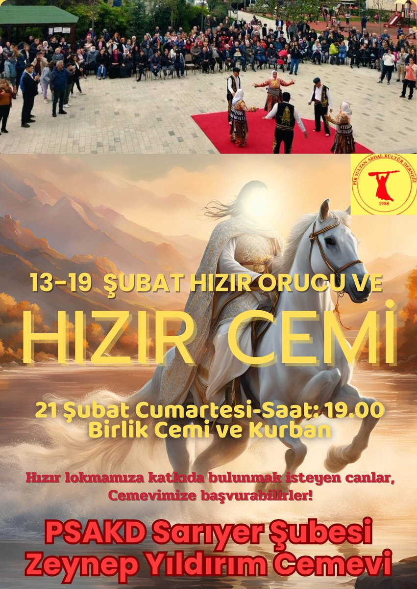 Medet Mürvet Ya Hızır!
Darda kalanlara Hızır yoldaş,
lokmamız kabul,
niyazımız Hak katında makbul ola.
Paylaşılan her lokma, berekete, birliğe ve gönül birliğine niyazdır. 
Bu mübarek ayda senin de lokman olsun.

Katkıda bulunmak isteyen canlarımız cemevimize başvurabilirler