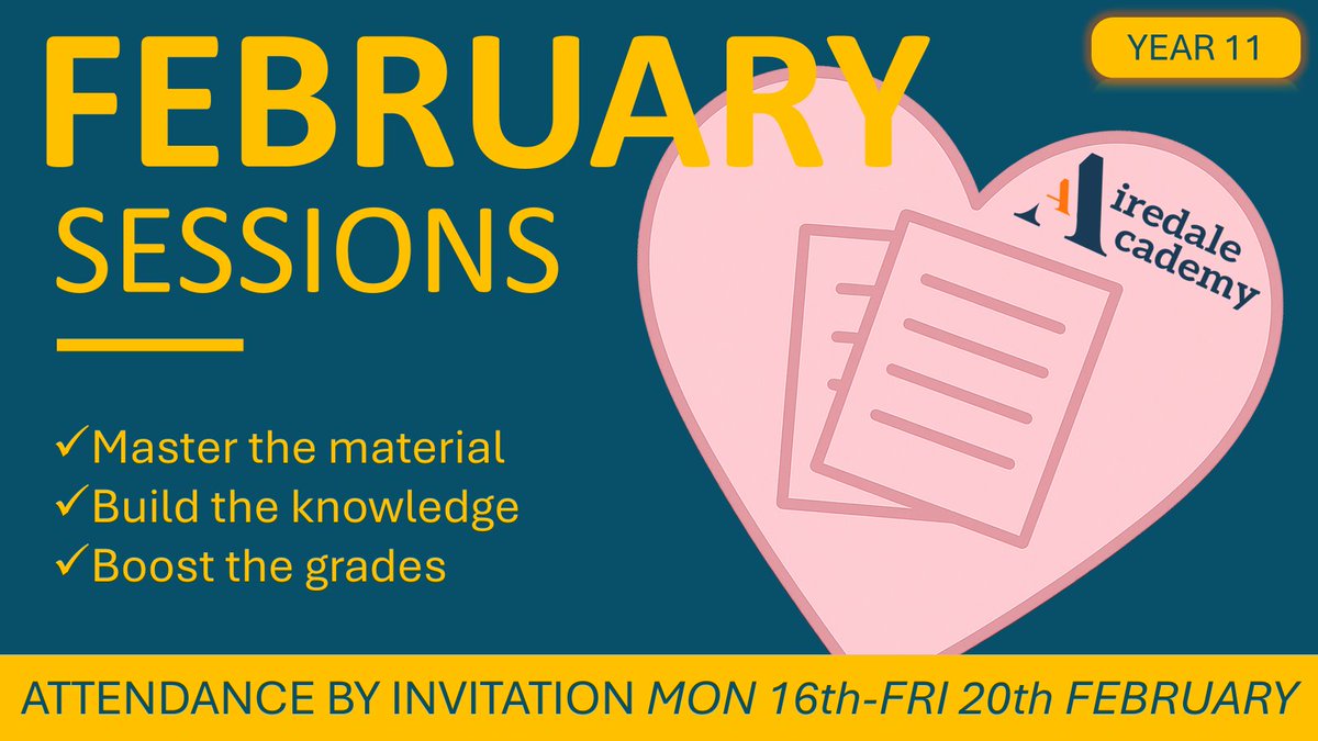 AiredaleAcad's tweet photo. π February HalfβTerm GCSE Boost! π
Struggling to stay on track or aiming for top grades? Our GCSE Support Sessions this half term are here to help!
β¨ Focused revision
β¨ Expert guidance
β¨ Confidenceβbuilding practice
π Invitation Only πͺ
#GCSE #Revision #StudySupport https://t.co/y5oBkO6A5t