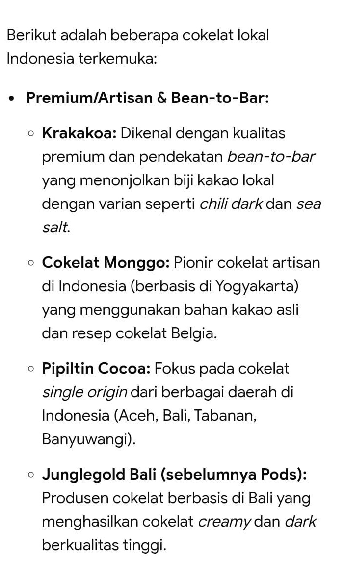 Sebentar lagi kan hari valentine, kmu bisa cobain kasih hadiah cokelat Lokal premium. Ini ada beberapa merk cokelat lokal yg menarik dicoba. Merk2 ini dari biji kakao asli yg ditanam di Indonesia.

Ada yg pernah nyobain 4 brand cokelat lokal yang premium dan Bean to bar ini gak?
