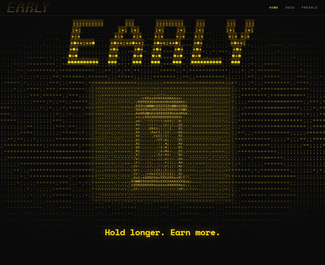 WAITLIST IS OVER.
PRESALE IS OPEN.
DOCS REVEALED.

if you made the waitlist, go to:
early.gold/presale
to complete presale payment. you have until FEB 13TH!

YOU ARE SO EARLY.

catch up:
early.gold/docs