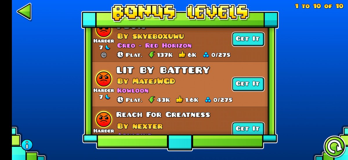 no wayyyyy
my level "lit by battery" got into the gd lite/world bonus tab?!?! :DDDD
im incredibly happy this was a long time coming