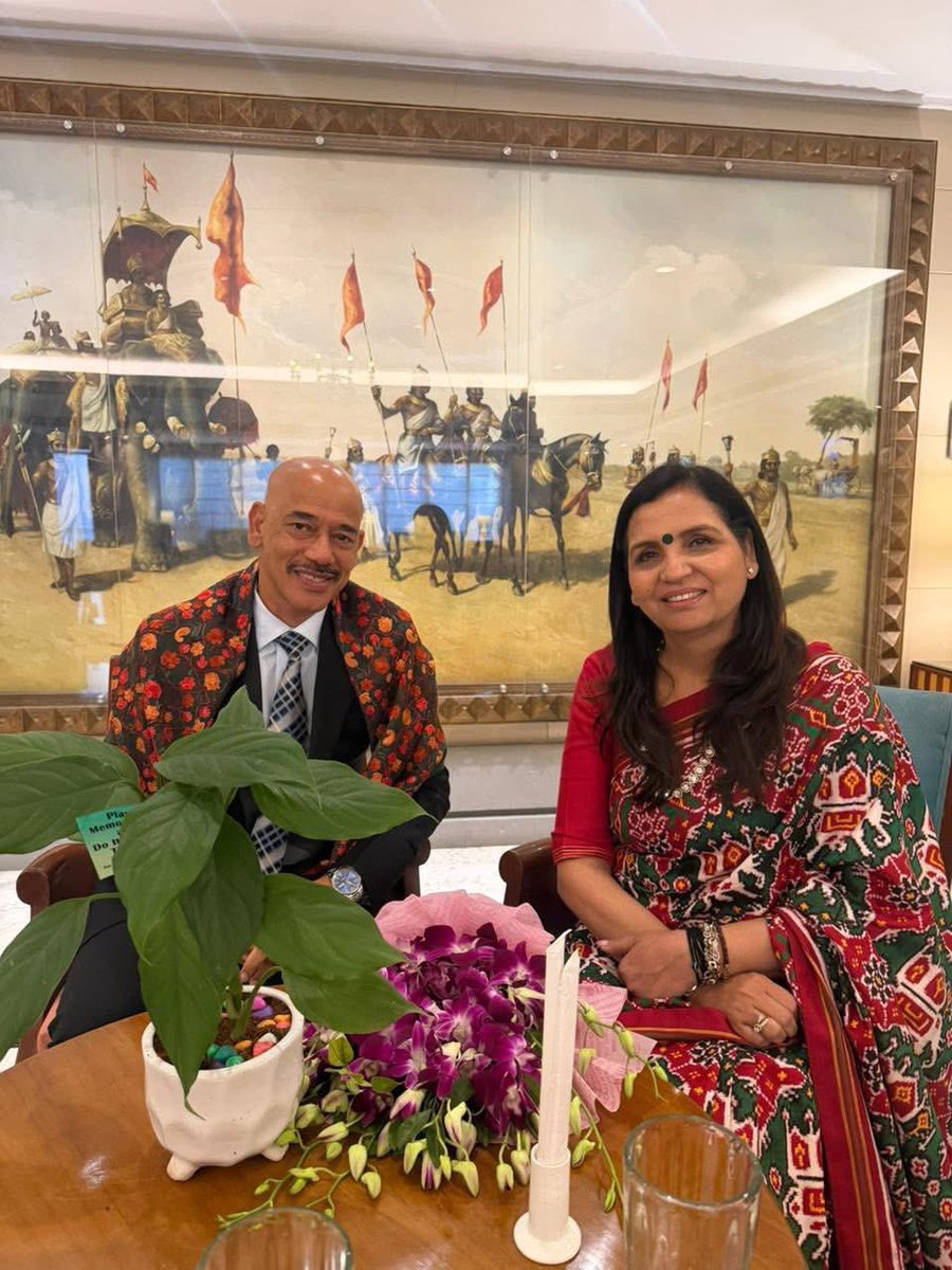 JyotiAroraMtAbu's tweet photo. I had the honour of holding a highly fruitful forward-looking meeting with the Hon’ble Minister of Education of Seychelles, H.E. David Pierre, on the sidelines of the State Visit of the Hon’ble President of Seychelles accompanied by top members of the Cabinet, to India this morning. 

Our discussions focused on strengthening cooperation in education, skills development, capacity building, and people-to-people exchanges—key pillars of the growing India–Seychelles partnership. 

This historic visit, coinciding with 50 years of diplomatic ties, reflects shared vision for inclusive growth and mutual progress. Truly excited for what lies ahead for the India–Seychelles friendship, especially in education sector. 

Many thanks to Hon’ble High Commissioner H.E.  @LalaAccouche for this privilege 🙏🏻