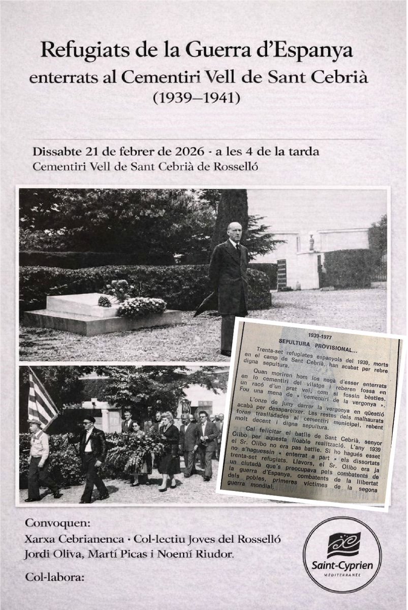 #Taldiacomavui de 1939, l'exèrcit franquista ocupava la totalitat de Catalunya. Començà l’exili per a desenes de milers de republicans, la majoria tancats en camps d’internament, on molts hi trobaren la mort durant els primers mesos.
És el que recordarem a Perpinyà i Sant Cebrià.