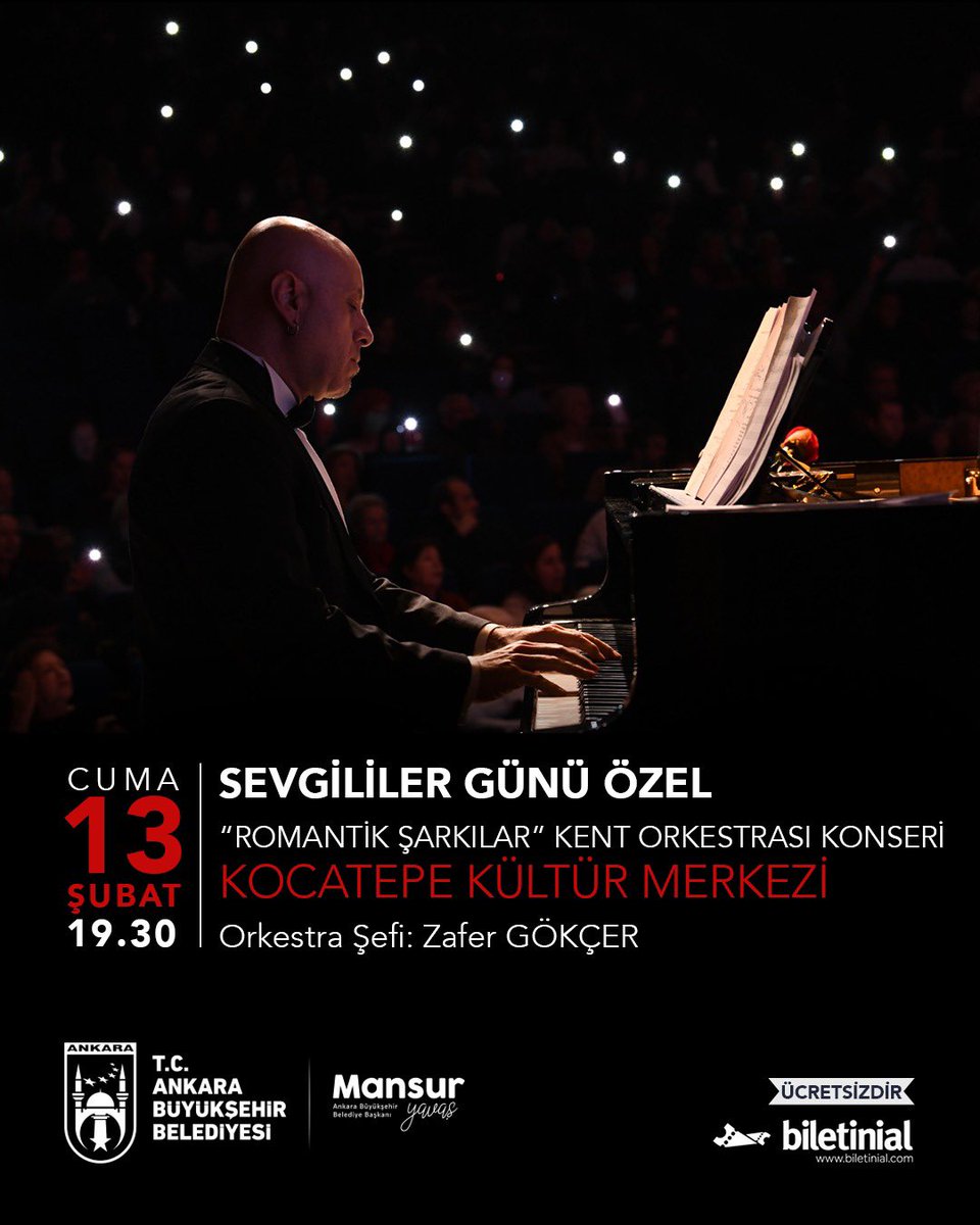 Sevgililer Günü’ne özel olarak hazırlanan “Romantik Şarkılar” konseri, Kent Orkestrası’nın yorumuyla Kocatepe Kültür Merkezi’nde müzikseverlerle buluşuyor.

📍 Kocatepe Kültür Merkezi
🗓️ 13 Şubat Cuma
⏰ 19.30
🎼 Orkestra Şefi: Zafer Gökçer
🎫 Ücretsiz – Biletinial