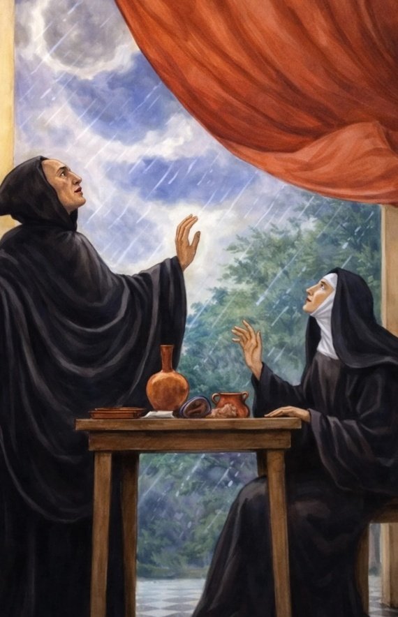 «Benito, que no había querido quedarse (...), no tuvo, al fin, más remedio que quedarse allí. Así pudieron pasar toda la noche en vela, en santas conversaciones sobre la vida espiritual, quedando cada uno gozoso de las palabras que escuchaba a su hermano»

—san Gregorio magno.